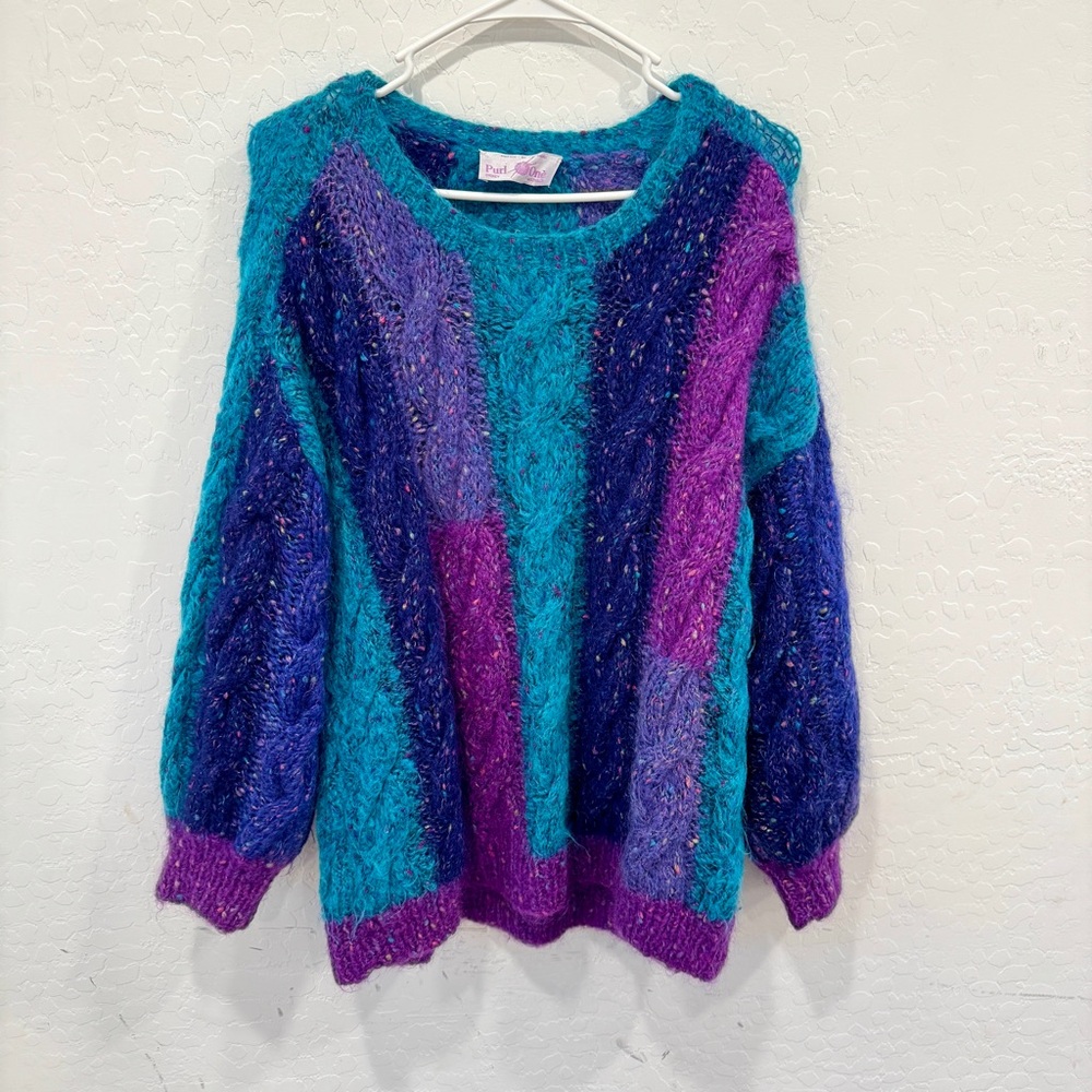 Vintage Purl One Wool Mohair Sweater Womens One Size Rainbow Pastel Cableknit